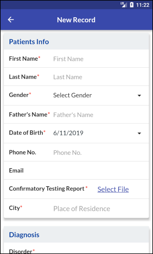 IIMDR new patient record form on a handset