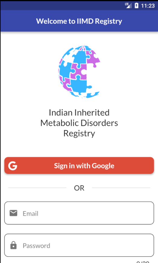 IIMDR welcome and sign-in screen on a handset