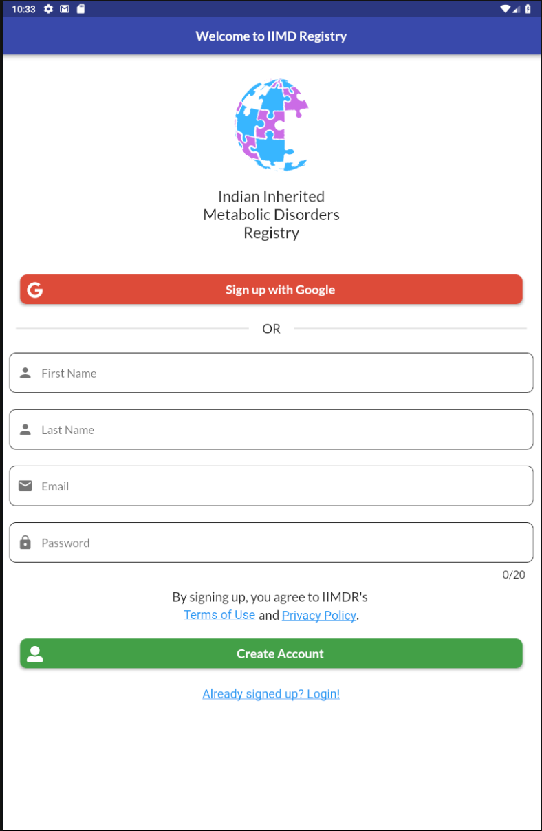 IIMDR welcome and sign-in screen on a tablet